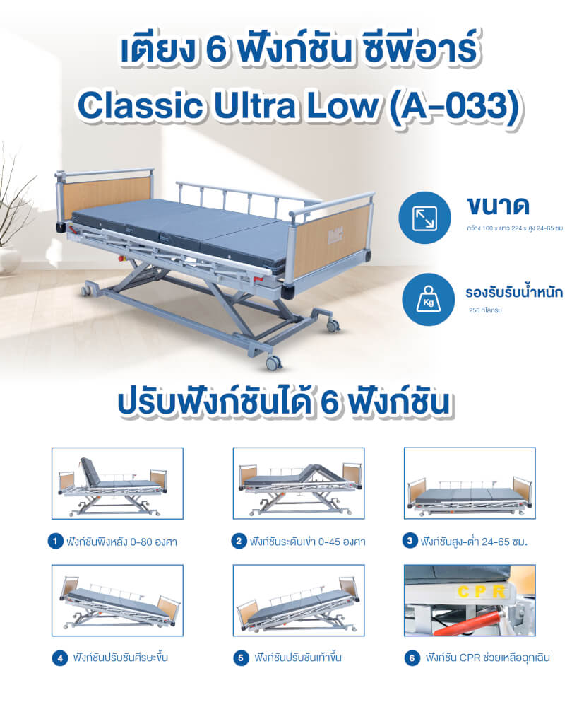เตียงผู้ป่วยไฟฟ้าลายไม้ 6 ฟังก์ชั่น รุ่น Classic Ultra Low รุ่น A-033